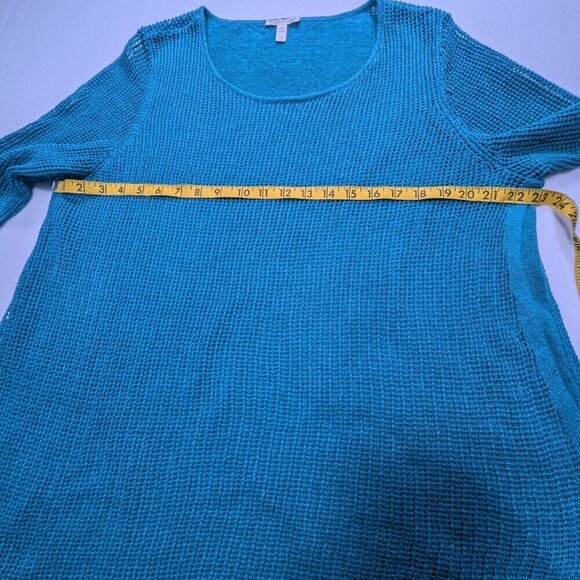 EILEEN FISHER Green 100 % Organic Linen Asymmetrical Open Knit SweateTunic Sz L - Picture 6 of 12